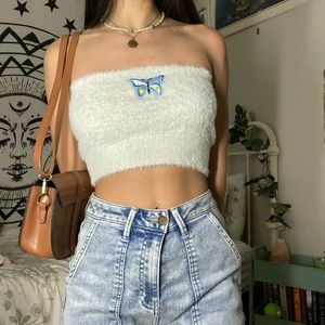 White fuzzy cropped strapless tube top with embroidered butterfly